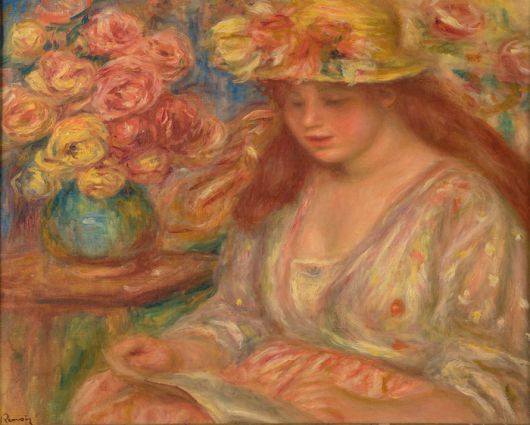 피에르 오귀스트 르누아르(1841-1919), 〈노란 모자에 빨간 치마를 입은 앙드레(독서)〉, 1917-1918, 캔버스에 유화 물감, 46.5×57cm, 국립현대미술관 이건희컬렉션