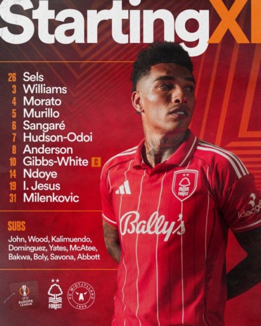 노팅엄은 골키퍼 셀스를 시작으로 밀렌코비치-모라투-무릴루-은도예-앤더슨-상가레-윌리엄스-깁스 화이트-제주스-허드슨 오도이가 선발 출전했다. 사진=노팅엄 포레스트 SNS