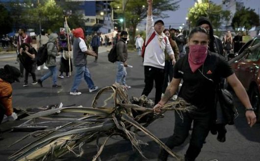 도로에 나뭇가지 가져다 놓는 에콰도르 시위대 [사진 = 연합뉴스]