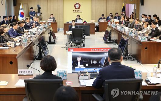 17일 서울 종로구 헌법재판소에서 열린 헌법재판소 등에 대한 법제사법위원회 국정감사에서 국민의힘 신동욱 의원이 대통령실 김현지 부속실장 자료화면을 보이며 질의하고 있다. [사진 = 연합뉴스]