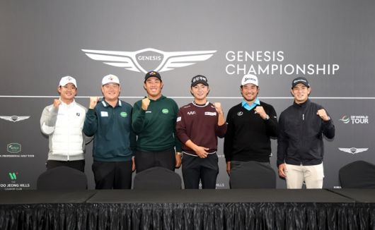 최승빈, 임성재, 안병훈, 옥태훈, 마쓰야마 히데키, 나카지마 케이타가 기념 촬영을 하는 모습. 사진=제네시스 챔피언십 조직위 제공