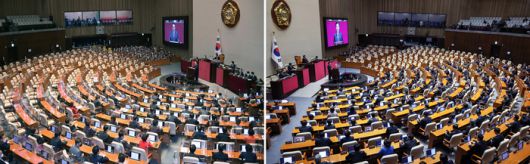 (왼쪽) 윤석열 대통령이 2022년 10월 서울 여의도 국회 본회의장으로 2023년 예산안 시정연설을 하고 있다. (오른쪽) 이재명 대통령이 4일 여의도 국회에서 내년도 정부 예산안에 대한 시정연설을 하고 있다. 국민의힘은 불참했다. [김호영 기자 / 한주형 기자]