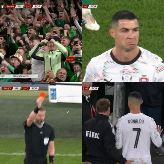 호날두는 후반 다라 오셰이의 등을 향해 팔꿈치 가격했다. 이전까지 아일랜드 수비진의 집중 수비를 받고 있었기에 머리끝까지 짜증이 난 그였다. 결국 이성을 잃은 팔꿈치는 VAR 판독 끝 퇴장으로 이어졌다. 사진=X