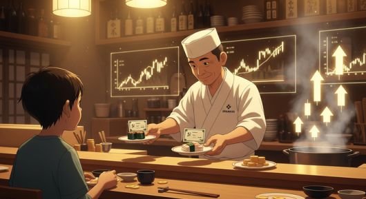 셰프가 여러 초밥을 하나로 묶어 만든 세트처럼 여러 주식을 묶어 상품화한 펀드와 ETF를 비유한 그림. [Whisk]