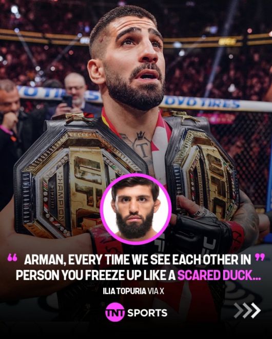 라이트급 챔피언 일리야 토푸리아가 탑 컨텐더로 올라온 아르만 사루키안의 선전포고에 역대급 조롱과 함께 답을 전했다. 사진=TNT 스포츠 SNS