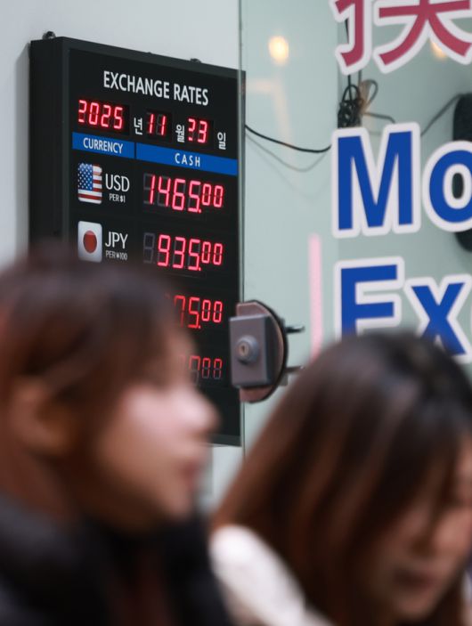 23일 서울 중구 한 사설 환전소의 환율 현황판 모습.  이날 한국은행과 국제결제은행(BIS)에 따르면, 한국의 실질실효환율 지수는 올해 10월 말 기준 89.09(2020년=100)로, 한 달 전보다 1.44포인트 떨어졌다. 이는 올해 3월 말 89.29보다도 더 낮은 수준으로, 금융위기 때인 2009년 8월 말(88.88) 이후 16년 2개월 만에 최저치다. [연합뉴스]