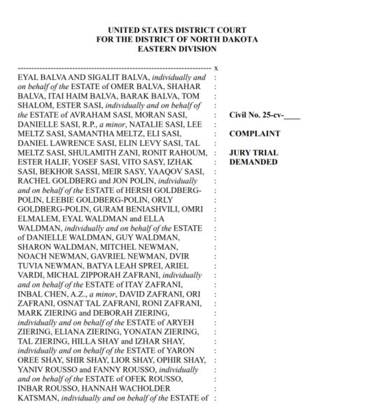 하마스의 2023년 10월 7일 공격 피해자와 유가족 등 수백 명의 원고가 바이낸스에 제기한 소송의 표지. 이들은 바이낸스가 테러 단체에 자금 조달을 고의로 도왔다며 손해배상을 청구했으며, 사건은 미국 노스다코타 연방법원에 접수됐다. [출처=미국 노스다코타 연방법원]