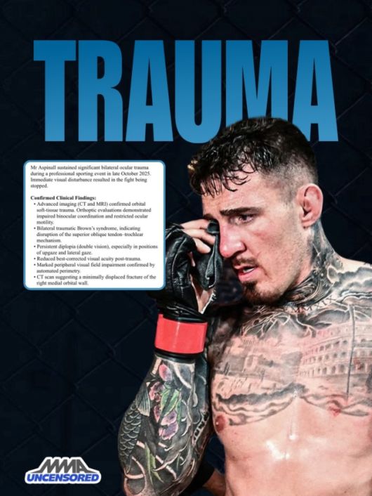‘MMA 파이팅’은 “아스피날이 공개한 의료 자료에 의하면 그는 브라운 증후군과 일치하는 소견을 보이고 있다. 브라운 증후군은 눈의 움직임을 조절하는 근육, 힘줄에 문제가 생기는 질환으로 알려져 있다”고 설명했다. 결국 아스피날은 이 부분에 문제가 있어 옥타곤 복귀를 하지 못하고 있는 상황이다. 결국 의학적 허가를 받아야만 간과의 리매치도 가능하다. 사진=MMA UNCENSORED SNS