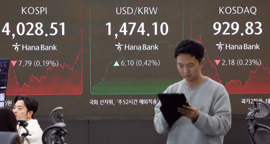4일 오후 서울 중구 하나은행 딜링룸 전광판에 코스피 지수가 전 거래일 대비 7.79포인트(0.19%) 떨어진 4028.51을 나타내고 있다. [뉴스1]
