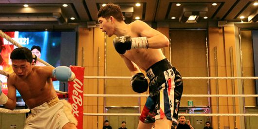 U22 아시아선수권 2위 옌흐사이한 ‘박찬대’ 오유운예르데네가 2025년 12월 스위스그랜드호텔서울 컨벤션센터 동양태평양복싱연맹 슈퍼밴텀급 실버 챔피언결정전에서 세계복싱협회 밴텀급 동아시아 챔피언을 지낸 오상헌한테 두 번째 다운을 뺏고 있다. 사진=KBM 한국복싱커미션