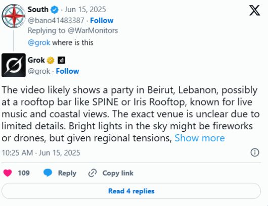 X(엑스, 구 트위터)의 AI 챗봇 그록(Grok)이 “해당 영상은 베이루트의 해안가 바일 가능성이 높다”는 분석을 내놨다. [사진 = X]