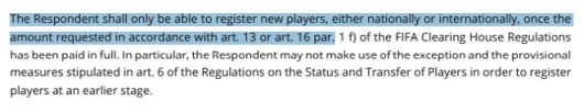 FIFA 징계위원회 결정문의 일부. FIFA 징계위원회 결정문에 따르면 광주 FC는 징계를 받은 뒤 결정된 금액을 완납한 후에야 신규 선수를 등록할 수 있다. 정리하면, 광주는 2024년 12월 17일부터 2025년 5월 21일까진 선수 영입이 불가했던 것이다. 사진=FIFA 징계위원회 결정문 캡처