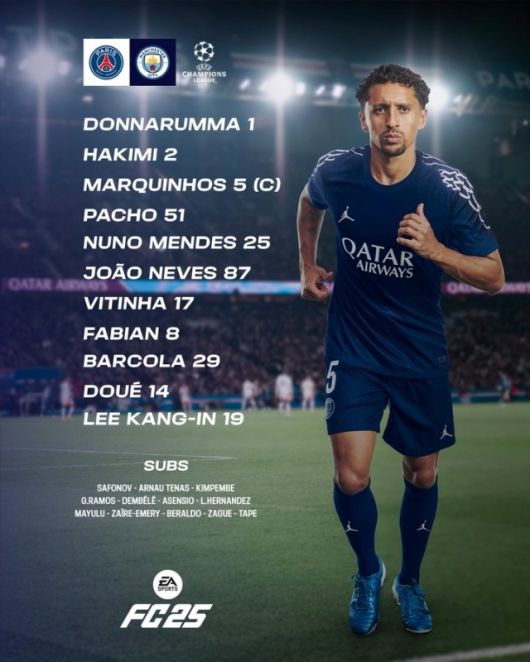 PSG는 골키퍼 돈나룸마를 시작으로 하키미-마르키뇨스-파초-멘데스-루이스-네베스-비티냐-이강인-바르콜라-두에가 선발 출전했다. 사진=PSG SNS