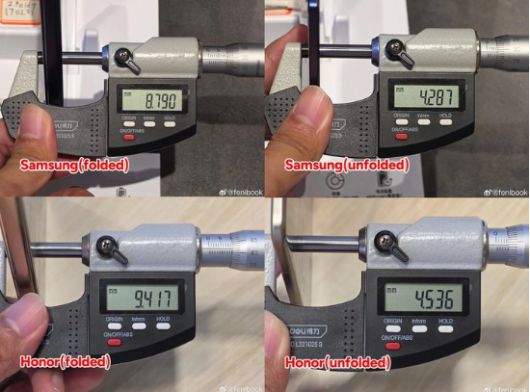 온라인 커뮤니티에 게시된 갤럭시 Z 폴드7과 매직 V5의 두께 실측정 결과. (사진=레딧 갈무리)