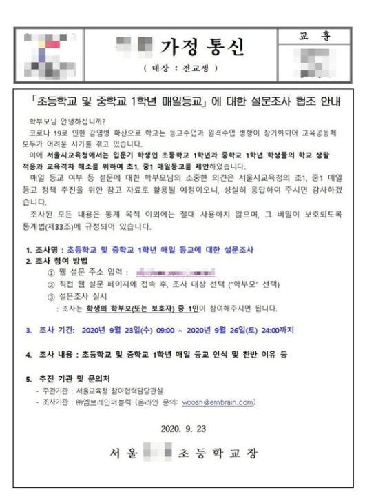 서울시교육청은 23일 초1·중1 매일 등교에 관한 설문조사를 시작했다. 서울의 한 초등학교에서 발송한 가정통신문. 독자제공