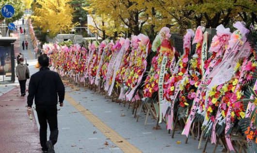 지난달 28일 오후 서울 서초구 대검찰청 앞 거리에 윤석열 검찰총장 지지자들이 보낸 화환들이 늘어서 있다. [뉴스1]