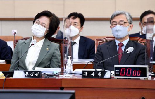 추미애(왼쪽) 법무부 장관과 최재형 감사원장이 5일 서울 여의도 국회에서 열린 법제사법위원회 전체회의에서 잠시 눈을 감고 있다./2020.11.05 오종택 기자