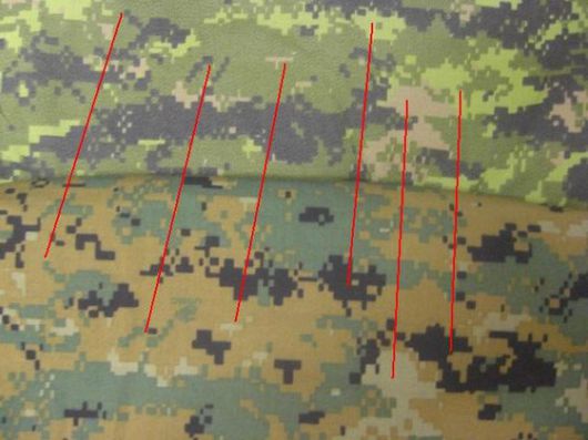 캐나다군의 CADPAT(위)과 미국 해병대의 MARPAT(아래)은 서로 다르지만, 군데군데 똑같은 무늬가 있다. [International Association of Combat & Military Collectors]