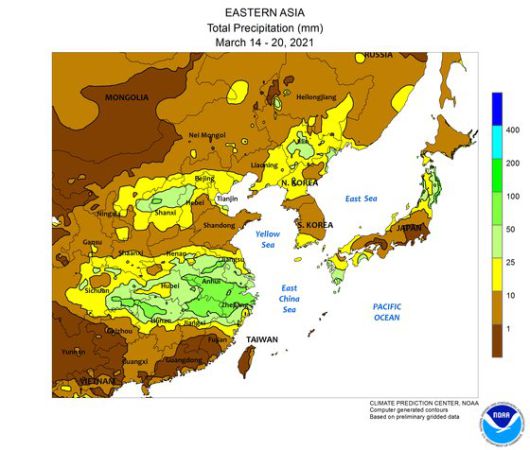 황사 발생 직전 일주일간 사막이 위치한 몽골과 내몽골 인근의 강수량은 10㎜에 그쳤다. 자료 기상청