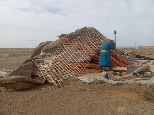 강한 모래 폭풍에 무너진 몽골 유목민의 게르. 푸른아시아