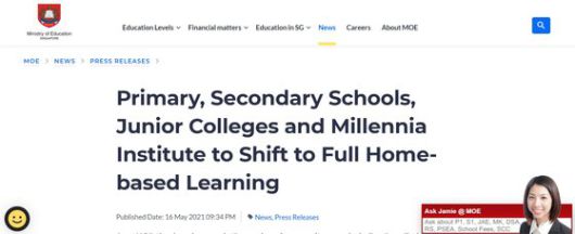19일 싱가포르 교육부 홈페이지. 등교 수업을 중단하고 집에서 공부하도록(Home-based Learning) 했다.