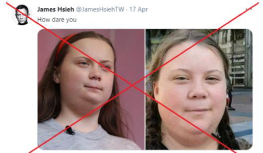 AFP통신은 그레타 툰베리의 살찐 사진은 조작된 것이라는 팩트체크 기사를 올렸다. [트위터]