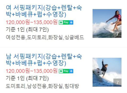 강릉에 위치한 한 게스트하우스에서는 서핑 강습과 게스트하우스 파티를 한 패키지로 묶어 판매하고 있다. 네이버 캡쳐