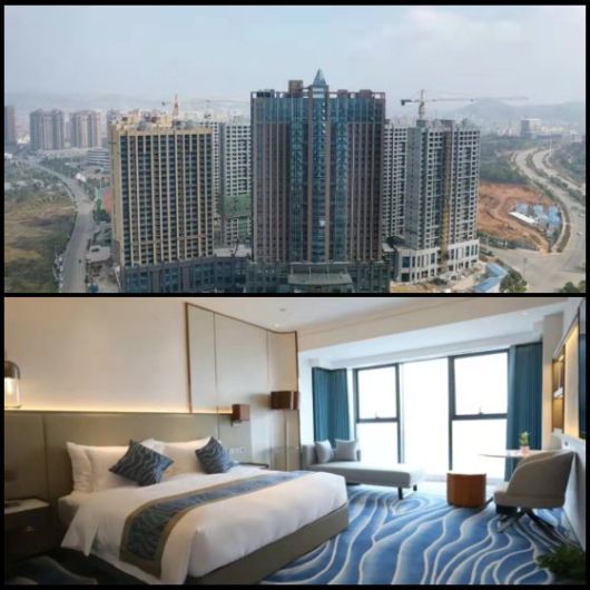 몰카가 발견된 후난성 천저우시 린우인터네셔널호텔과 객실. 27층 규모의 4성급 호텔이다. [씨에청 캡쳐]