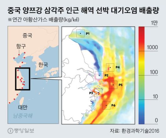 중국 상하이 연안에서 선박이 배출하는 대기오염 물질(아황산가스)의 양이다. 붉게 표시된 곳일수록 오염물질 배출량이 많다. [자료제공=환경과학기술2016]
