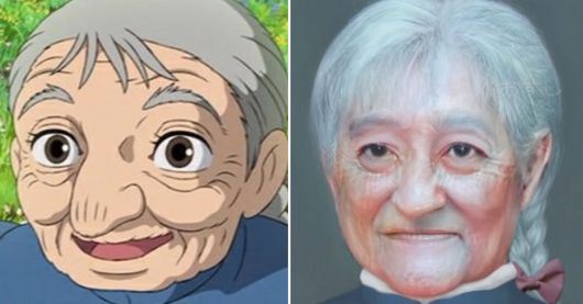 ‘하울의 움직이는 성’의 여자주인공 ‘소피’가 저주에 걸려서 노년이 된 모습(왼쪽). 오른쪽은 사람의 형상으로 구현된 모습. [유튜브 캡처]