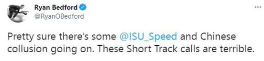 라이언 베드포드가 자신의 트위터에 베이징 올림픽 쇼트트랙 남자 1000m 경기 판정을 비판했다.[라이언 베드포드 트위터 캡처]