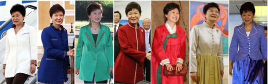 지난 2013년 9월 G20 다자간회담, 그리고 네번의 정상회담 동안 박근혜대통령이 입었던 의상이다. 서울공항출발, 반기문총장 접견,한-독 정상회담, 한-러 정상회담, 동포간담회, 에르미타쥐 미술관방문,베트남 노이바이 국제공항 도착.(초록색 상의를 G20, 한-카자흐, 한-독 회담에 공통 착용). 청와대사진기자단