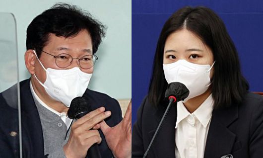 서울시장 출마를 위해 민주당 후보로 등록한 송영길 전 대표(왼쪽), 이를 비판한 박지현 공동비상대책위원장. 연합뉴스