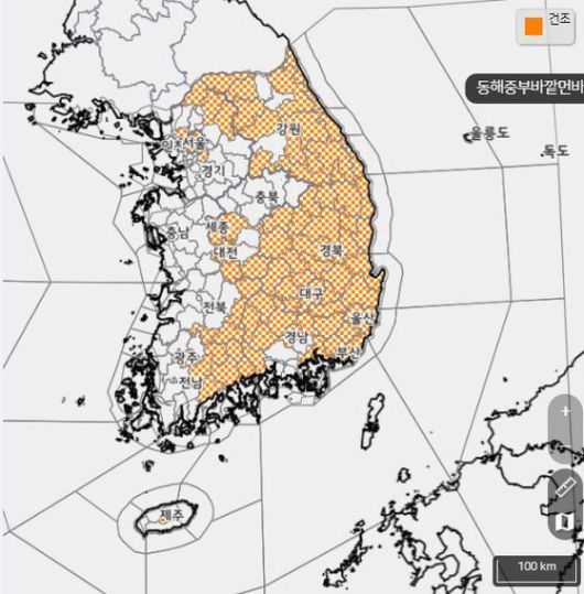 18일 오전 10시 기준 전국에 내려진 건조 특보 현황. 자료 기상청