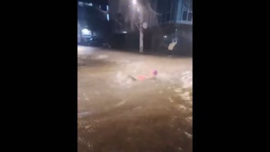 8일 서울 서초동 아파트 단지 앞에서 한 남성이 침수된 차량 위로 올라가 몸을 피하고 있다. 사진 온라인 커뮤니티 캡처