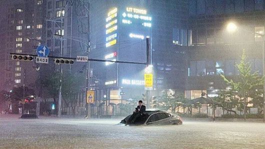 8일 서울 서초동 아파트단지 앞에서 한 남성이 침수된 차량 위로 올라가 몸을 피하는 모습이 '서초동 현자'라 불리며 화제가 되자, 각종 패러디도 속출하고 있다. 사진 온라인 커뮤니티 캡처