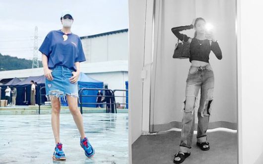 배우 김혜수(왼)와 걸그룹 블랙핑크 지수(오)의 찢청 스타일. [인스타그램 캡처]