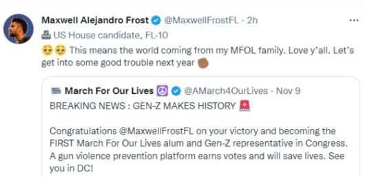 맥스웰 프로스트(25)가 9일(현지시간) 총기규제단체 ‘우리 생명을 위한 행진’(March for our lives)이 남긴 트위터에 화답했다. 사진 프로스트 트위터 캡처