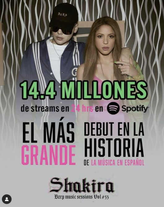 샤키라는 비사랍과 함께 ‘비사랍 뮤직 세션스 #53(BZRP Music Sessions #53)’ 신곡을 발표하자마자 화제가 됐다. 샤키라 인스타그램