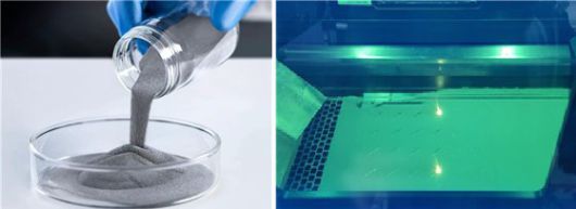 3D 프린팅에 사용되는 금속 분말에는 철과 니켈, 티타늄 등이 들어간다(사진 왼쪽), 레이저가 금속 분말을 녹여 원하는 형태로 만들어 내는 모습(사진 오른쪽). [사진 GE]