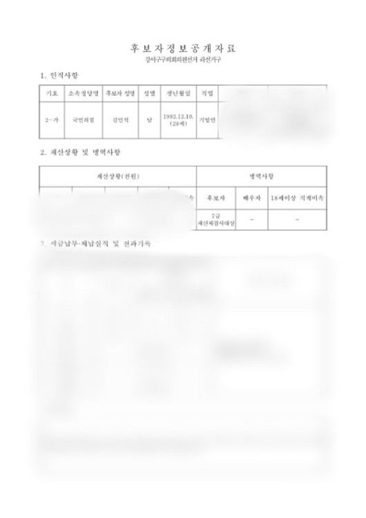 지난해 6ㆍ1 지방선거 당시 중앙선거관리위원회가 배포한 김민석 후보자 정보 공개 자료. 사진 김민석 구의원 제공
