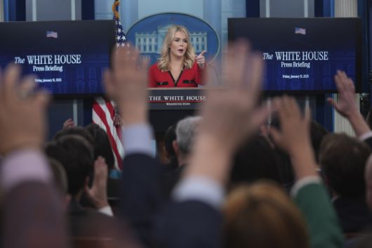 지난달 31일(현지시간) 백악관에서 브리핑을 진행하는 캐롤라인 레빗 대변인. AP=연합뉴스