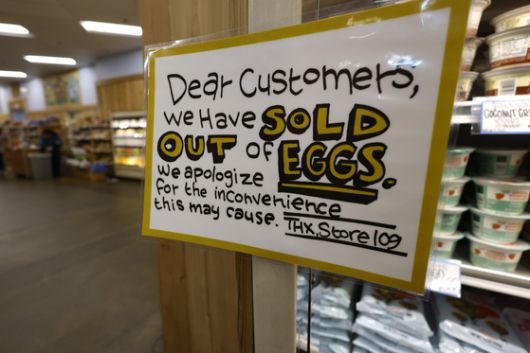 2025년 2월 18일 미국 캘리포니아 주의 한 식료품점에서 계란이 매진되었다는 표지판. 조류 독감으로 인해 미국 전역에서 계란 가격이 1다스당 4.95달러로 사상 최고치를 기록했다. EPA=연합뉴스