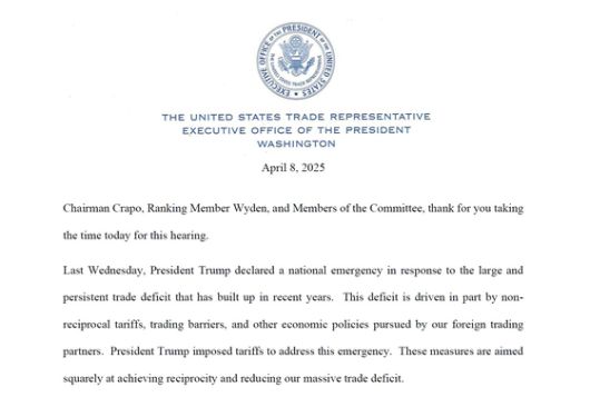 제이미슨 그리어 미국무역대표부(USTR) 대표가 8일(현지시간) ‘대통령의 2025년 무역 정책 어젠다’를 주제로 열리는 상원 재정위원회 청문회를 앞두고 7일 재정위에 제출한 보고 자료.