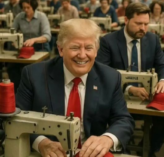 한 엑스 이용자는 트럼프 대통령과 JD 밴스 부통령이 공장에서 재봉틀로 빨간색 마가(MAGA) 모자를 만드는 인공지능 사진을 올렸다. 사진 엑스 캡처