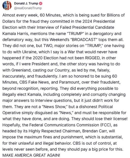 도널드 트럼프 미국 대통령이 13일(현지시간) 트루스소셜을 통해 CBS 방송의 시사 프로그램 ‘60분’을 맹렬히 비난하며 이 방송국의 면허를 박탈해야 한다고 주장했다. 트루스소셜 캡처