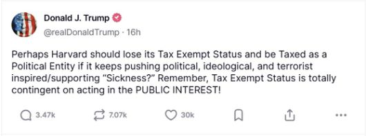 도널드 트럼프 미국 대통령이 15일 하버드대의 면세 지위 박탈을 경고하며 자신의 트루스소셜 계정에 올린 글. 사진 트루스소셜 캡처
