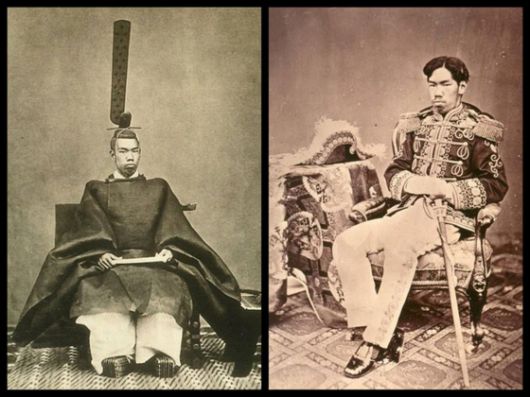 메이지 천황은 1867년 즉위식 때는 수염이 없었지만 1873년에 찍은 오른쪽 사진에는 수염이 보인다. [사진 윤상인]