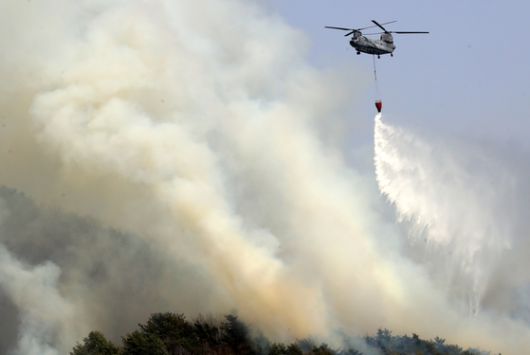 지난 1일 오전 강원특별자치도 원주시 지정면 판대리 산링청 산림항공본부 헬기 계류장에서 미국 에릭슨사 제작한 초대형 진화 헬기(S-64)의 세척 작업이 진행중이다. 박진호 기자