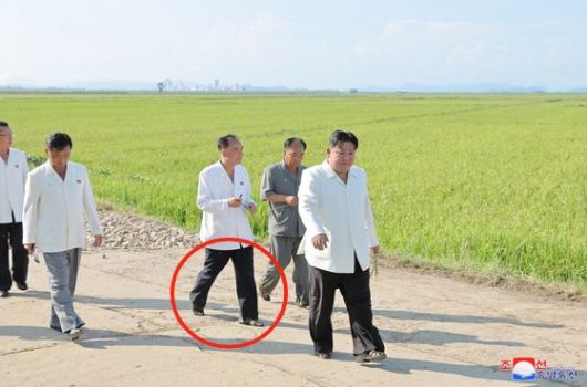 태풍 피해를 입은 강원도 안변군 오계농장과 월강농장을 현지지도하는 김정은 국무위원장을 맨발로 수행하는 조용원 조직비서의 모습. 조선중앙통신, 연합뉴스